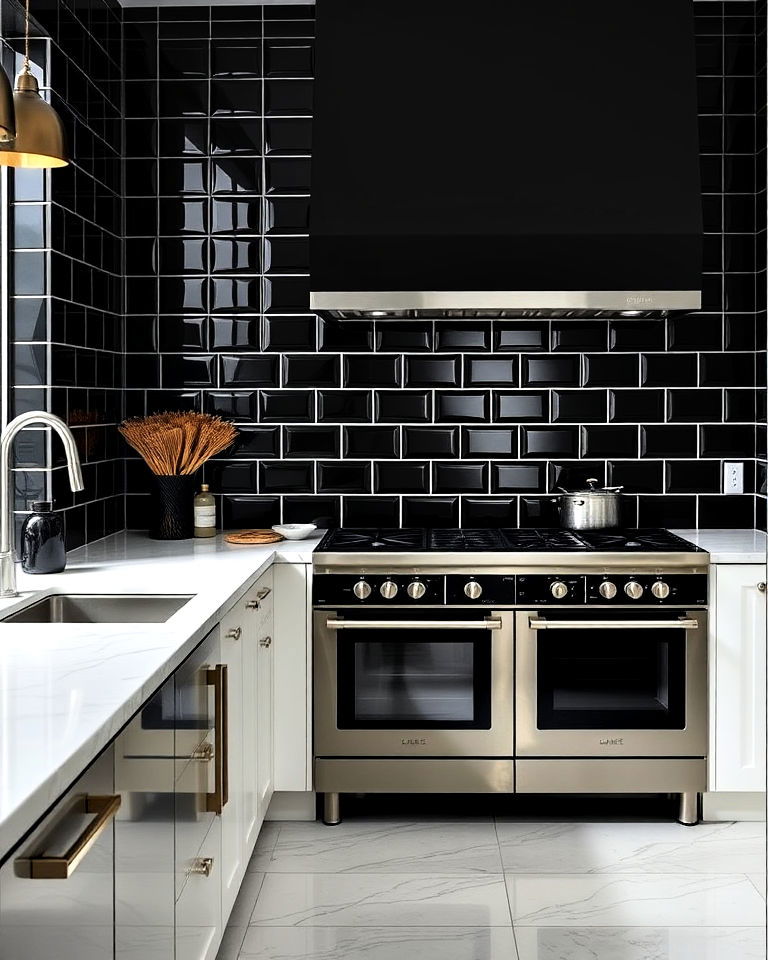high gloss black tiles backsplash with white grout