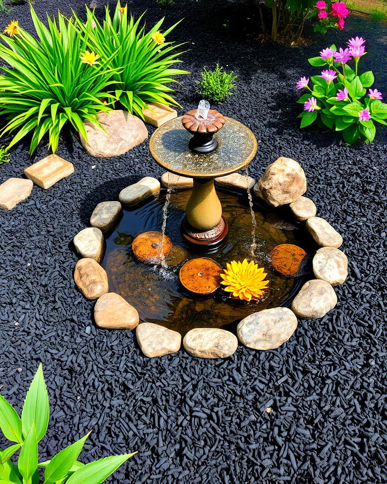 highlight outdoor water feature with black mulch