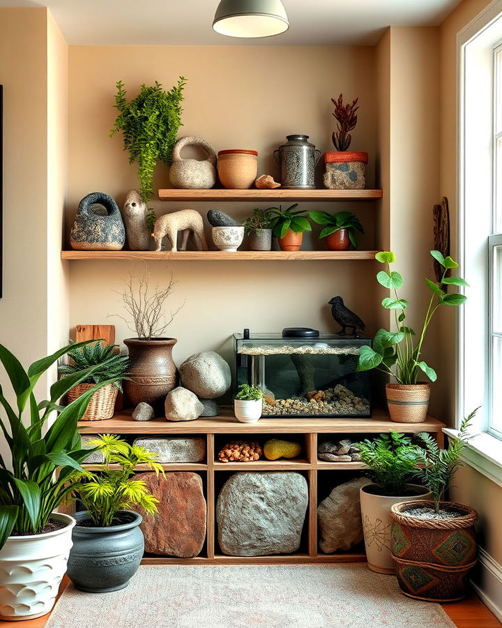 Nature study corner with a collection of plants, rocks, pots made of clay, and all things natural.