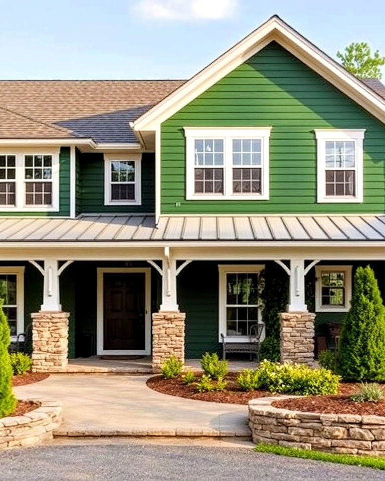 hunter green farmhouse exterior with natural stone