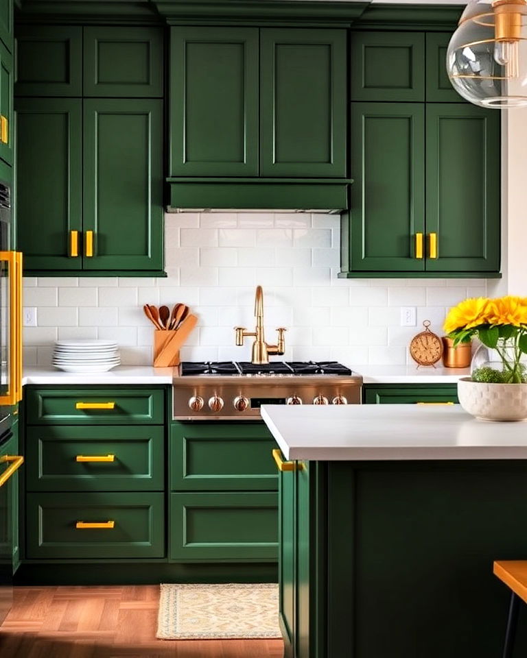 hunter green kitchen cabinets with yellow hardware