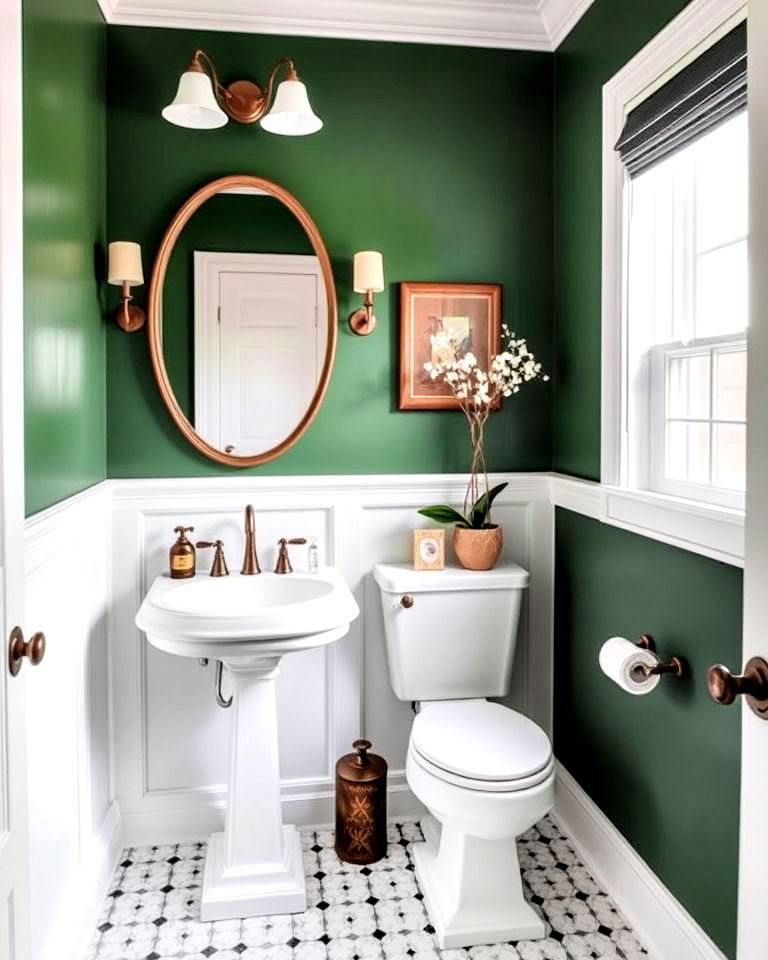 hunter green powder room walls with classic wainscoting