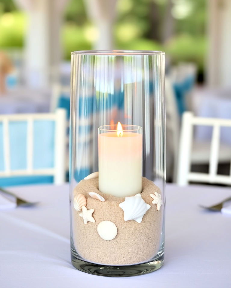 hurricane vase with sand and seashells