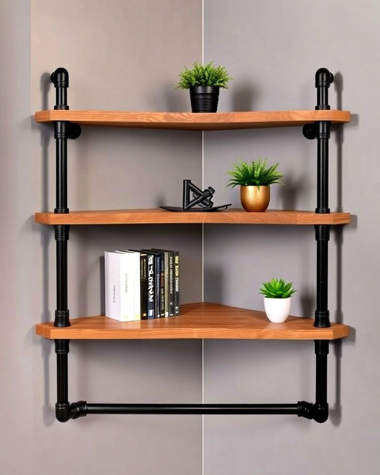 industrial and rustic pipe style corner shelving