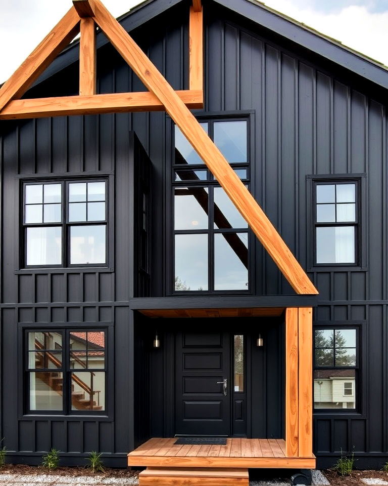 industrial black house with exposed wood beams