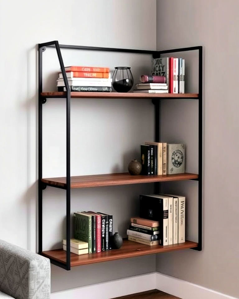 industrial chic metal and wood corner shelf
