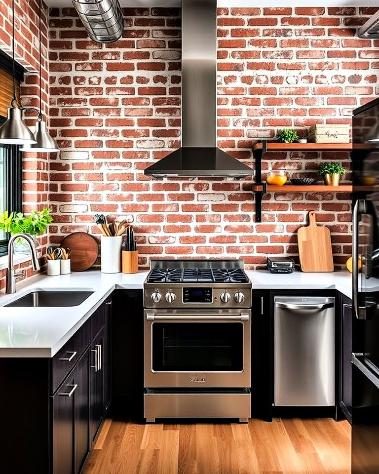 industrial inspired brick wall for any kitchen