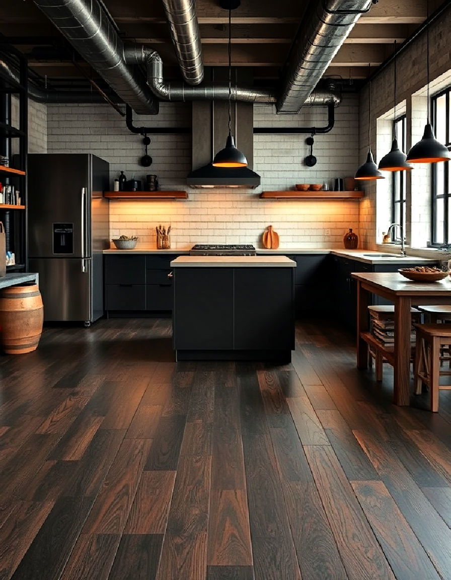 industrial kitchen with dark wood floor and metal accents
