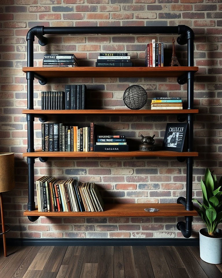 industrial pipe shelves for grunge aesthetic room