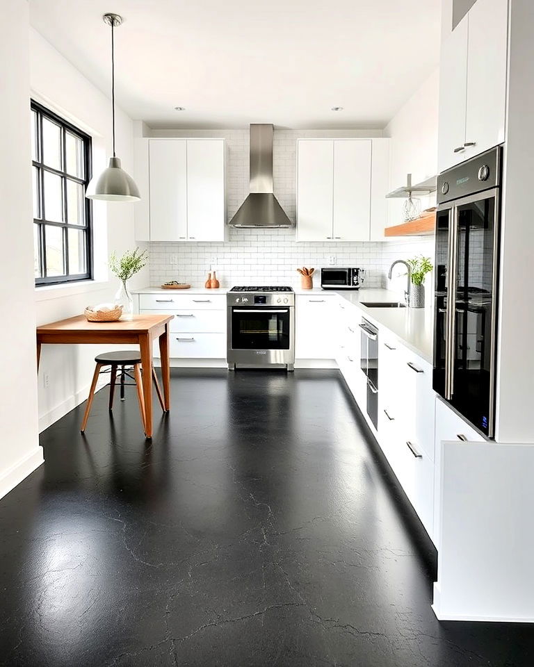 industrial style black stained concrete kitchen floor
