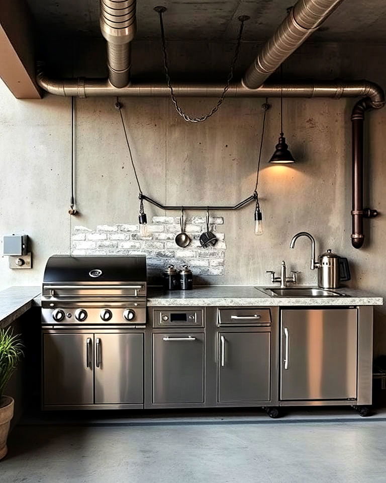 industrial style outdoor kitchen with exposed metal