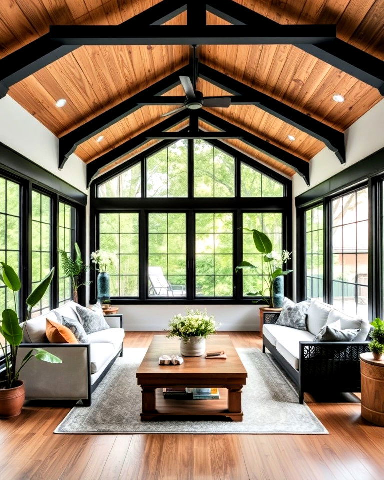 industrial sunroom ceiling with exposed rafters