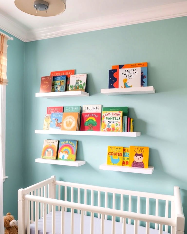 install floating bookshelves in whimsical nursery