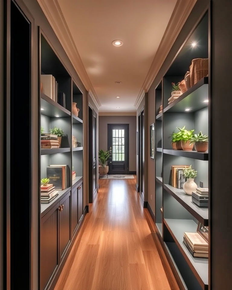 integrate built in shelves for dark hallway