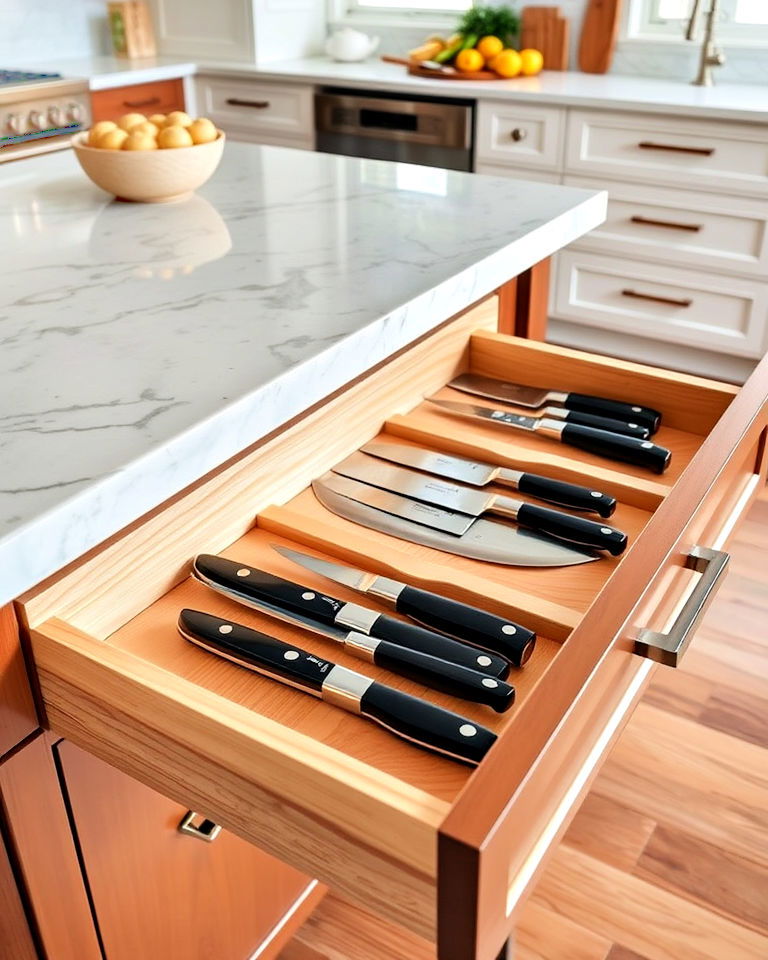 integrated knife block within a kitchen island