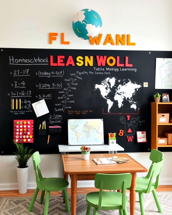 A big chalkboard wall with homeschool schedule for today and a vibrant colored sitting arrangement.