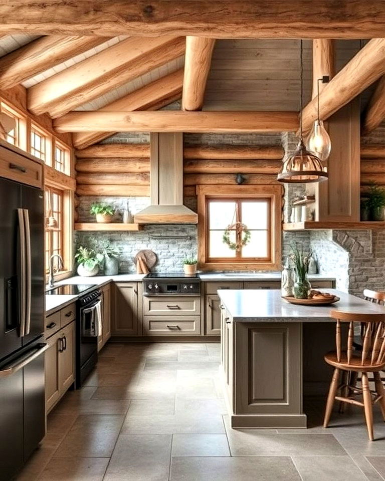 inviting neutral color log cabin kitchen