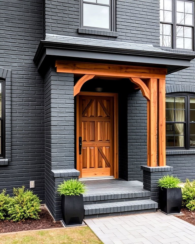 jet black brick house with barnwood trim