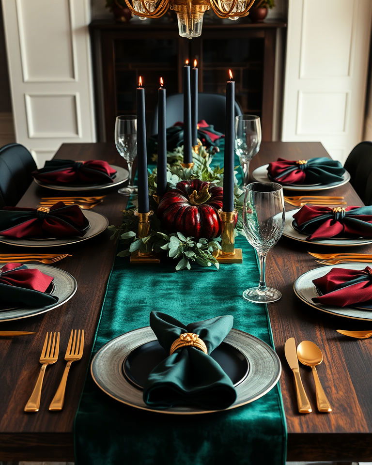 jewel toned thanksgiving table with velvet accents