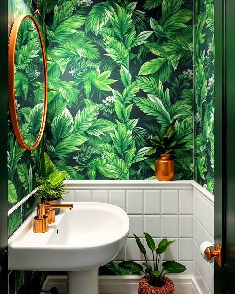 jungle inspired green powder room wallpaper