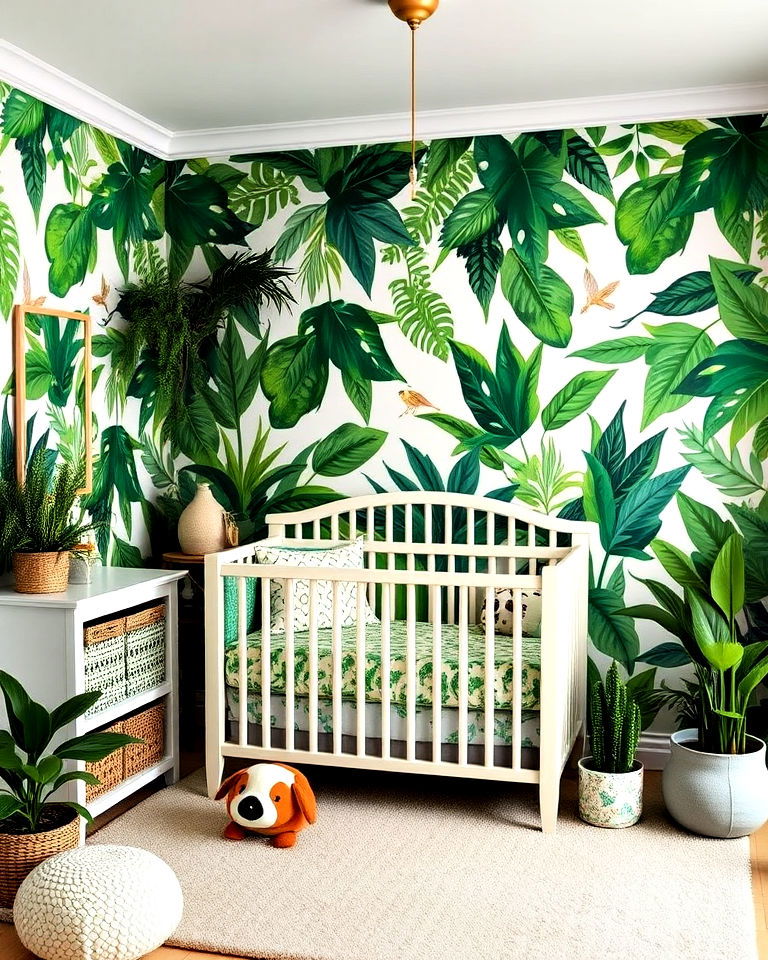jungle theme nursery with lush greenery