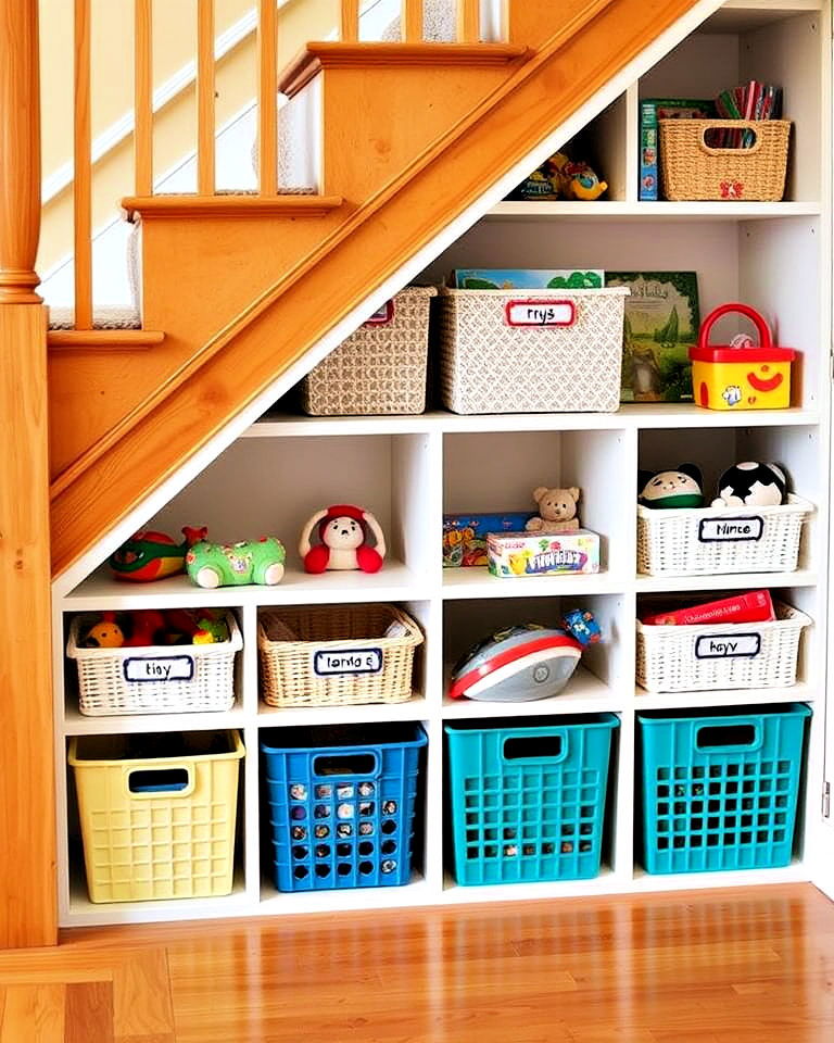 keep toys organized with under stair cubbies