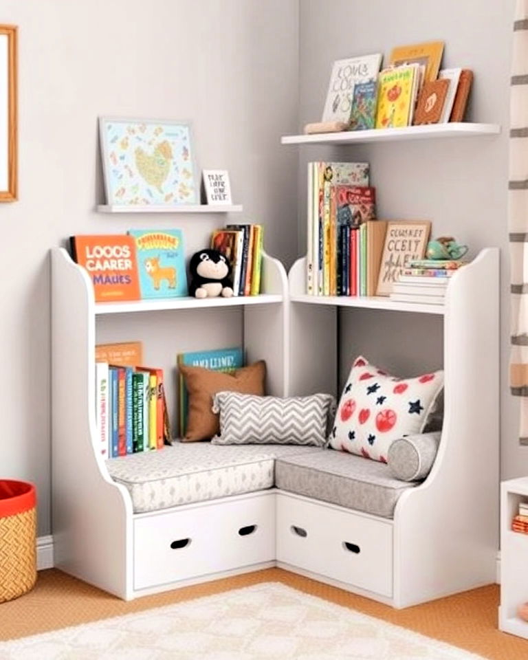 kids’ corner bookshelf with reading nook