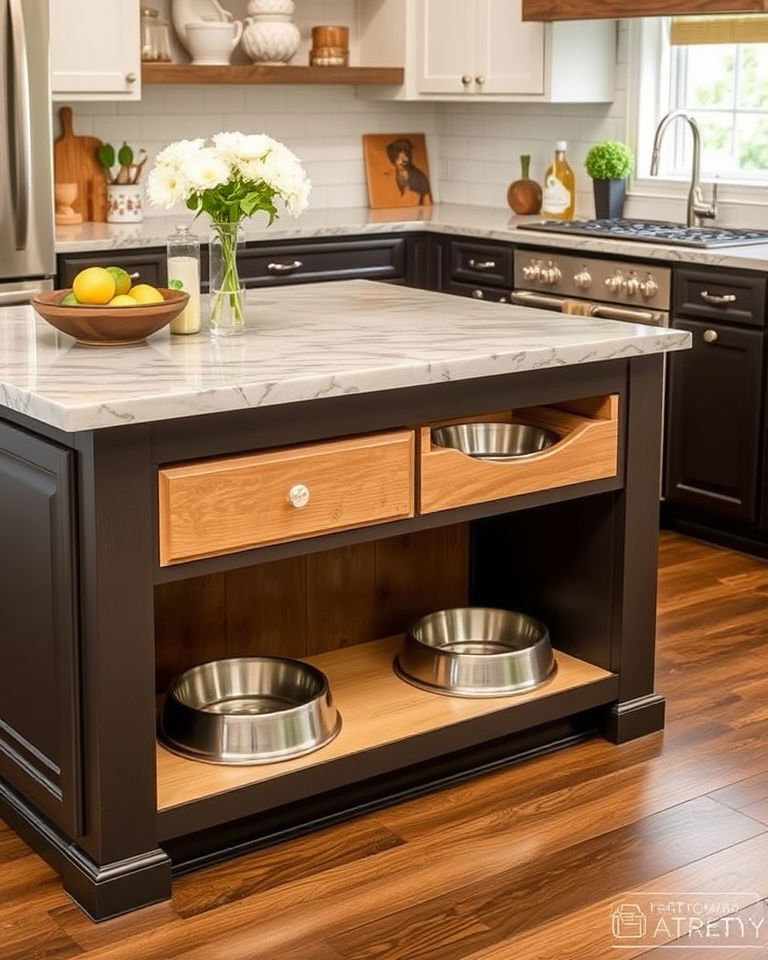 kitchen island into a built in pet feeding station