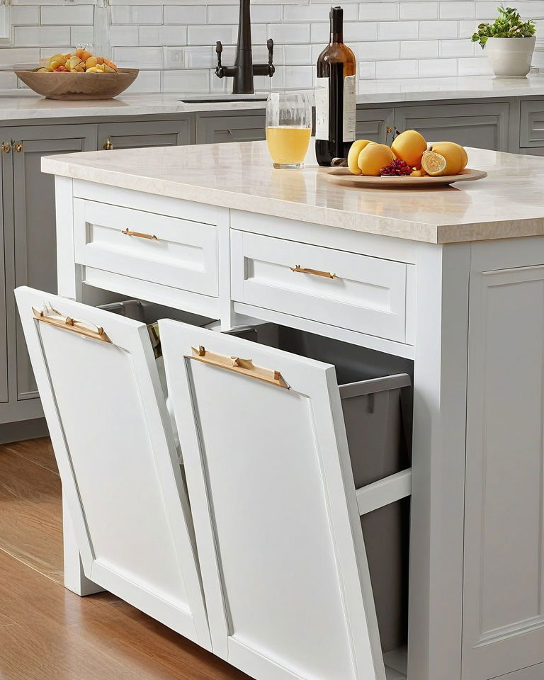 kitchen island with a hidden trash compartment