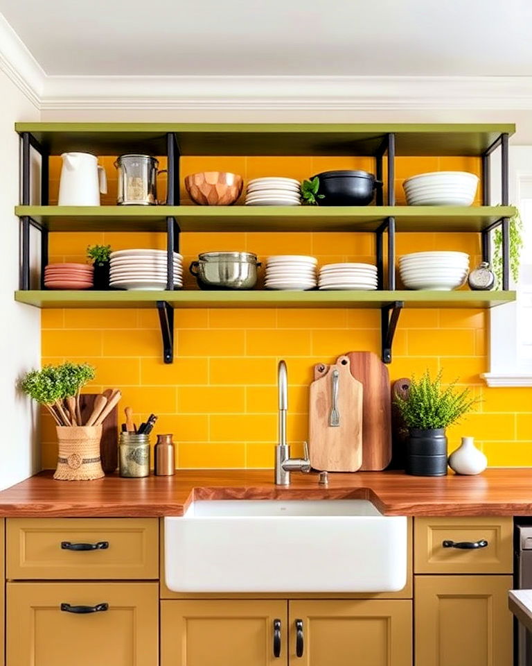 kitchen moss green open shelving with yellow backsplash
