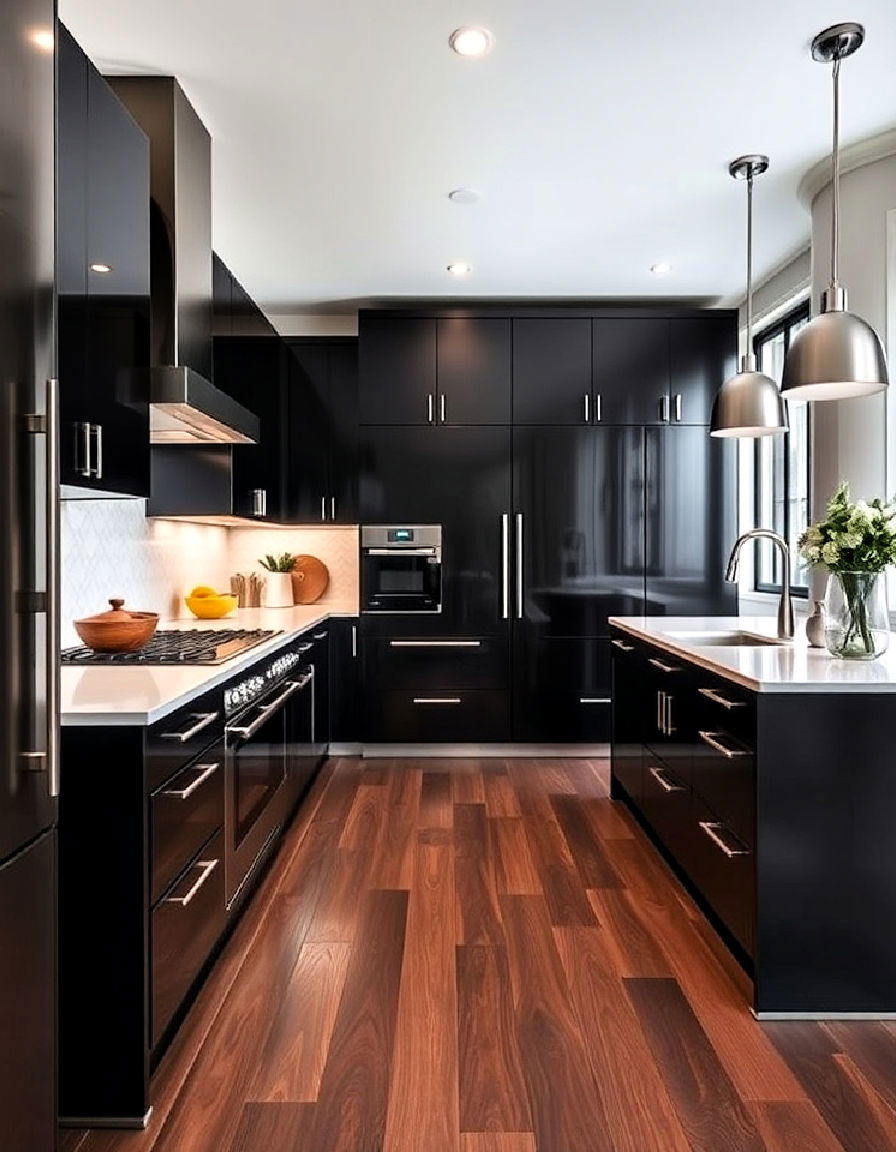 kitchen sleek contemporary style with dark flooring