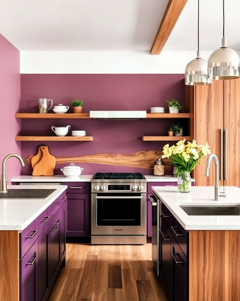 kitchen with plum and wood combination
