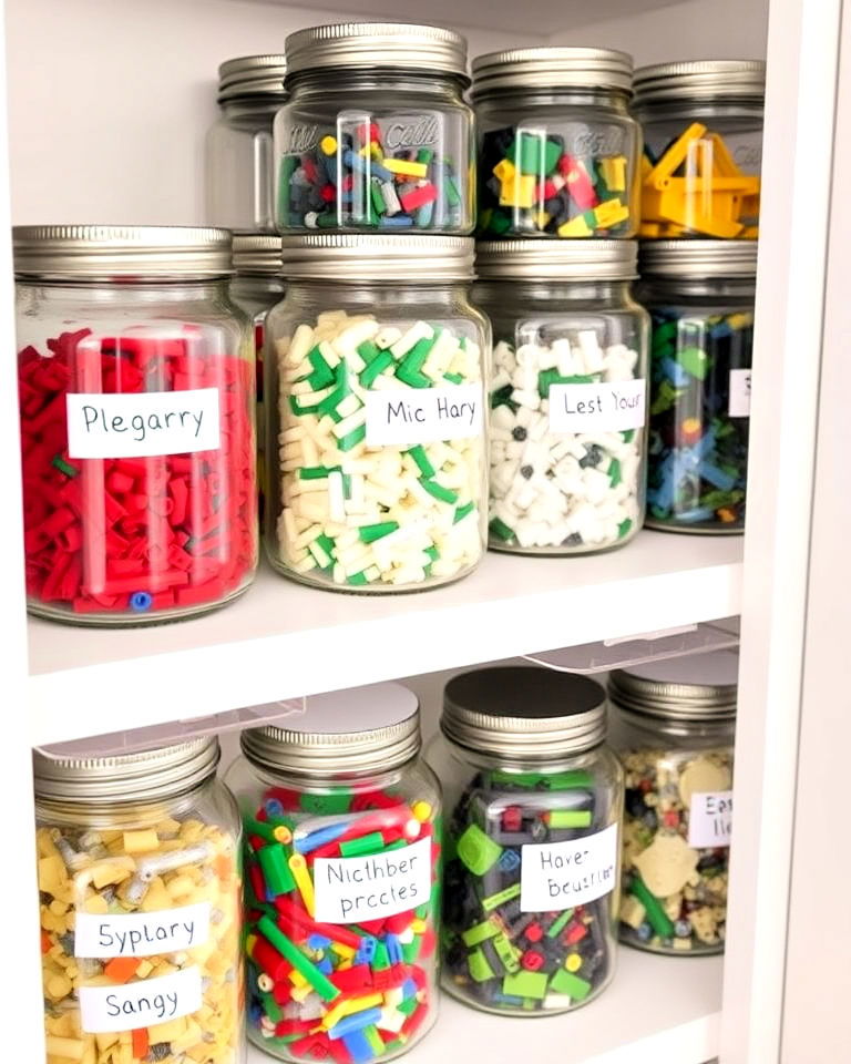 labeled glass jars for lego storage