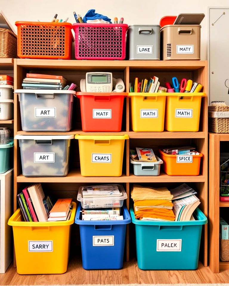 labelled storage bins for homeschool room