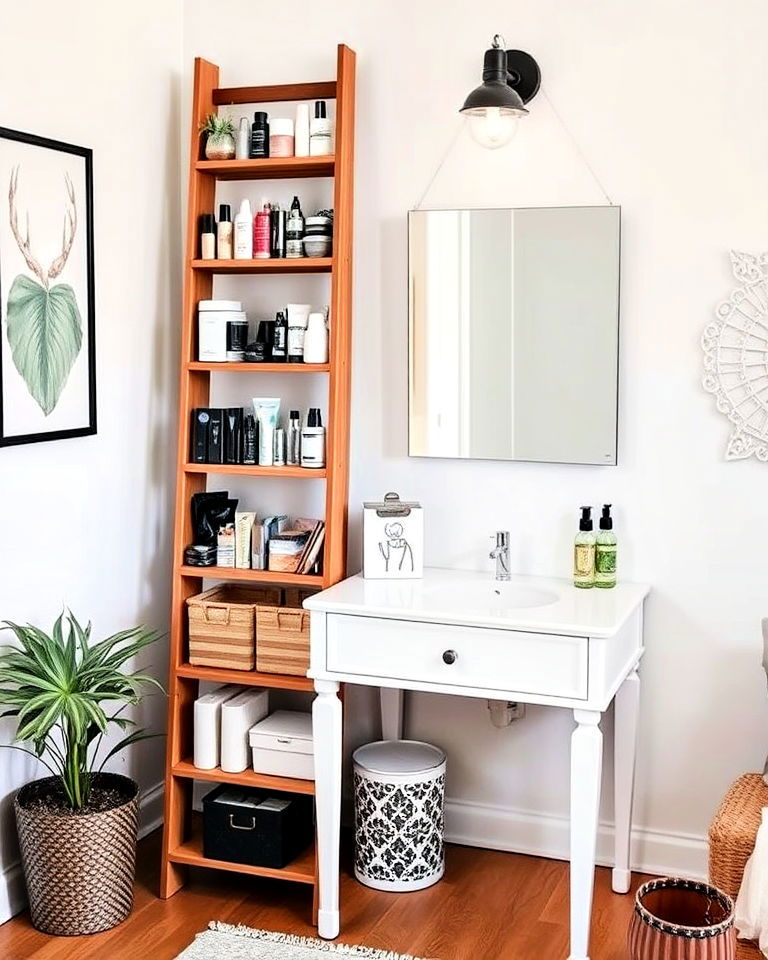 ladder shelf nearby vanity