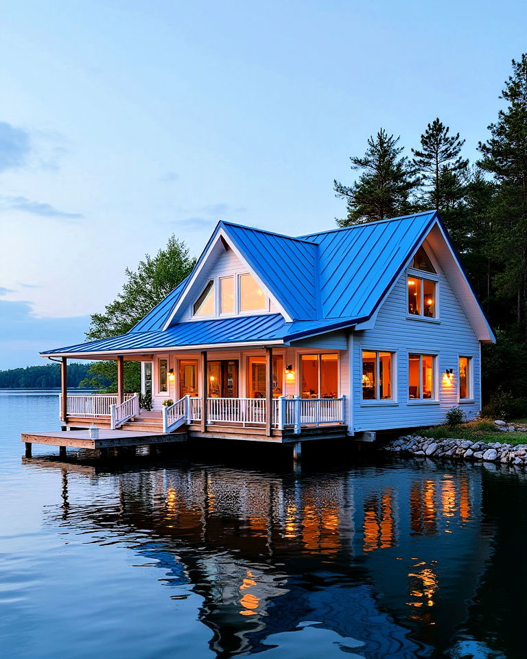 lakefront house with a pop of blue