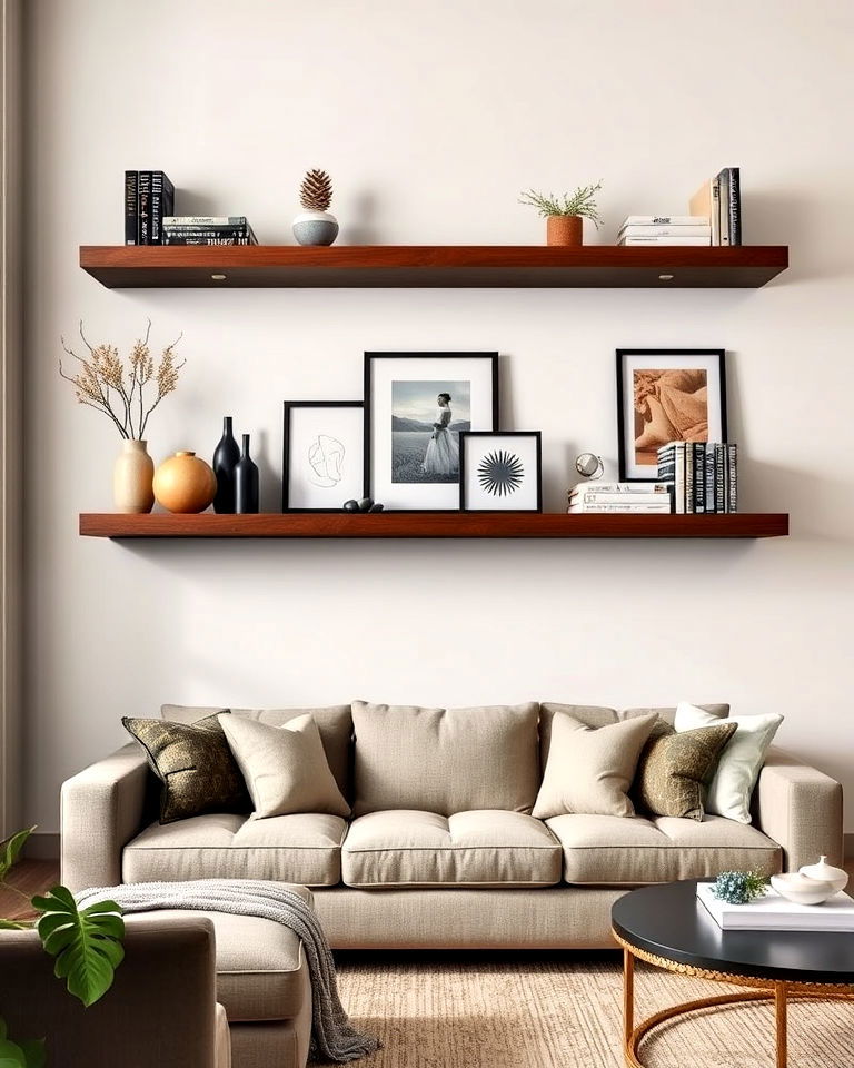 large floating shelves for visual interest