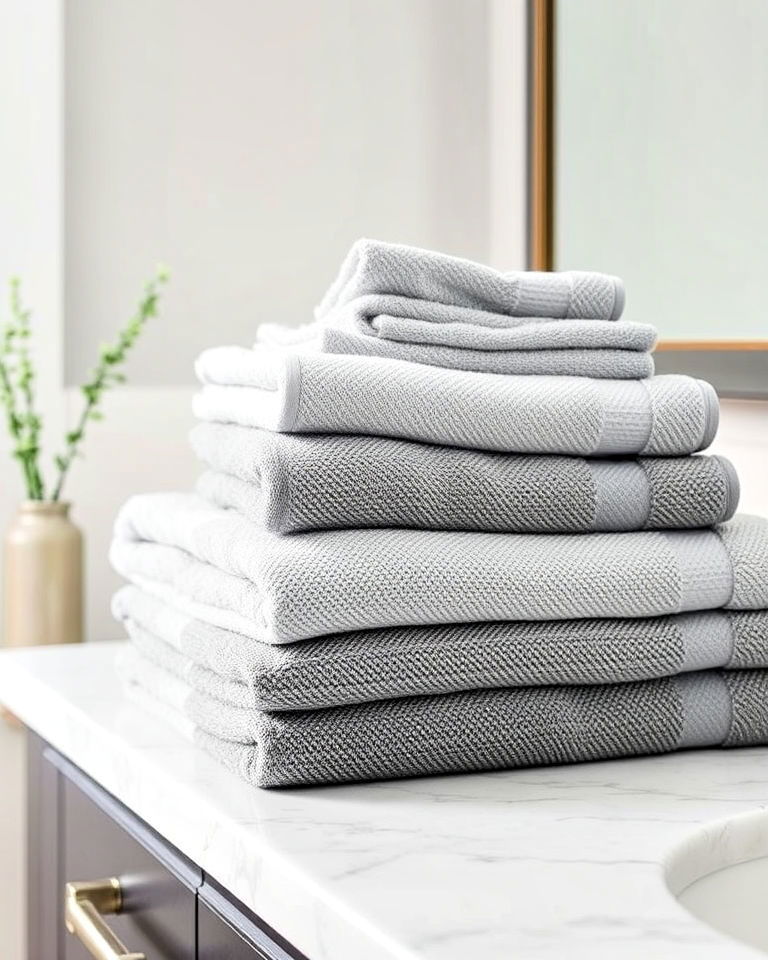 layered gray towel sets to the bathroom
