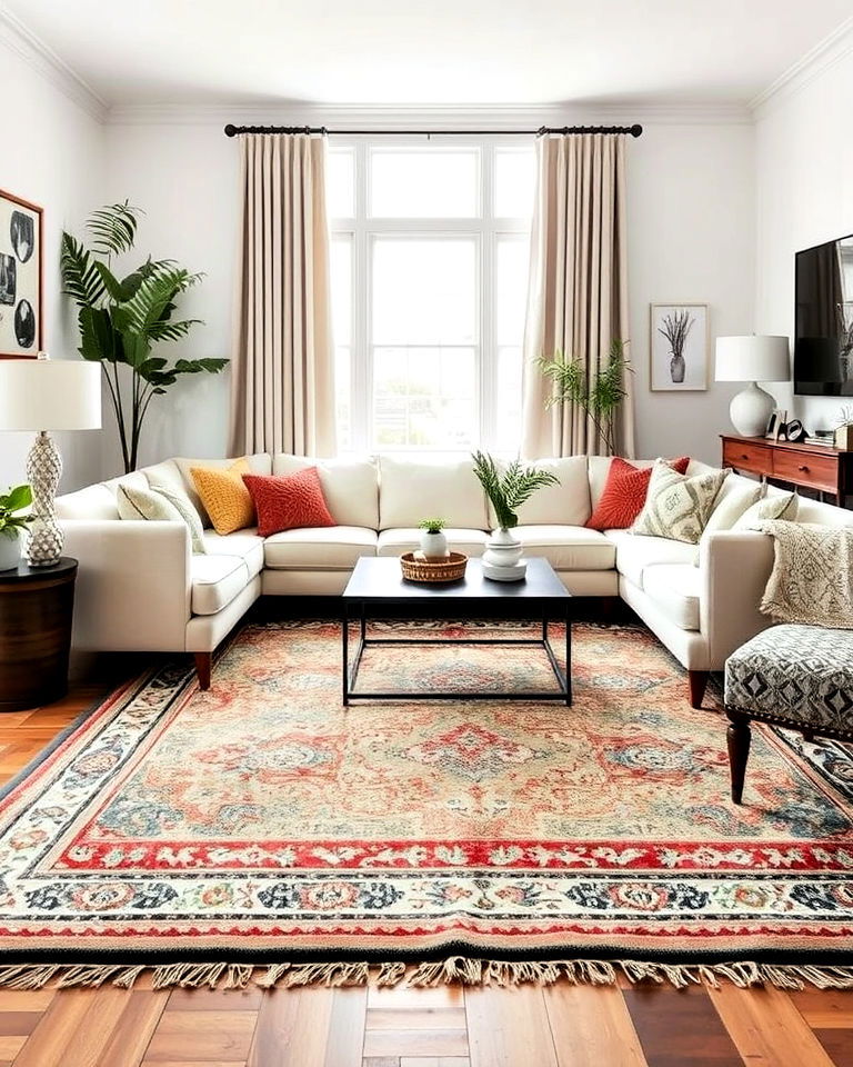 layered rugs for depth and texture to the living room