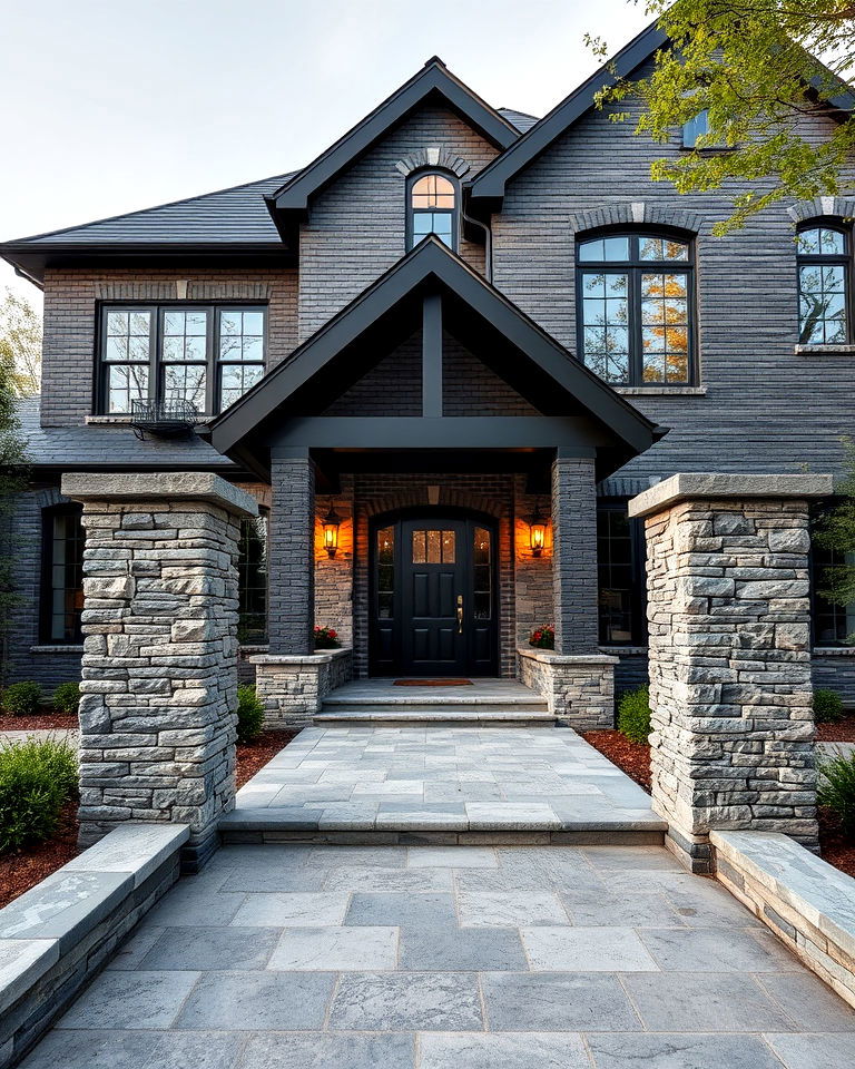 layered texture with stone black brick exterior house