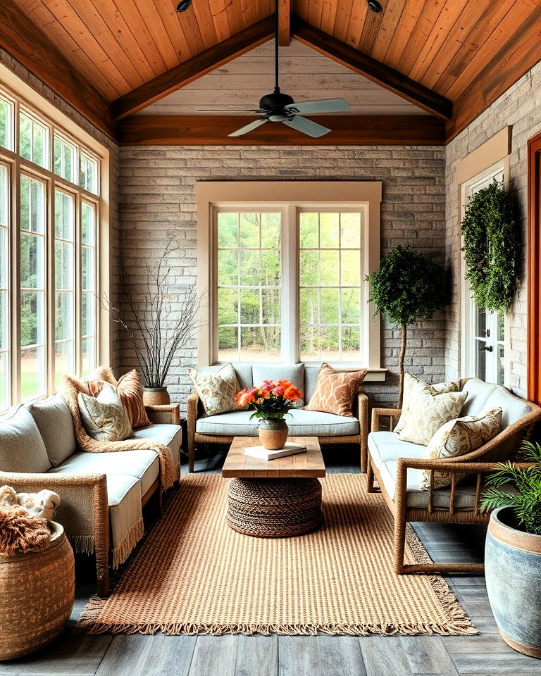 layered textures for rustic sunroom