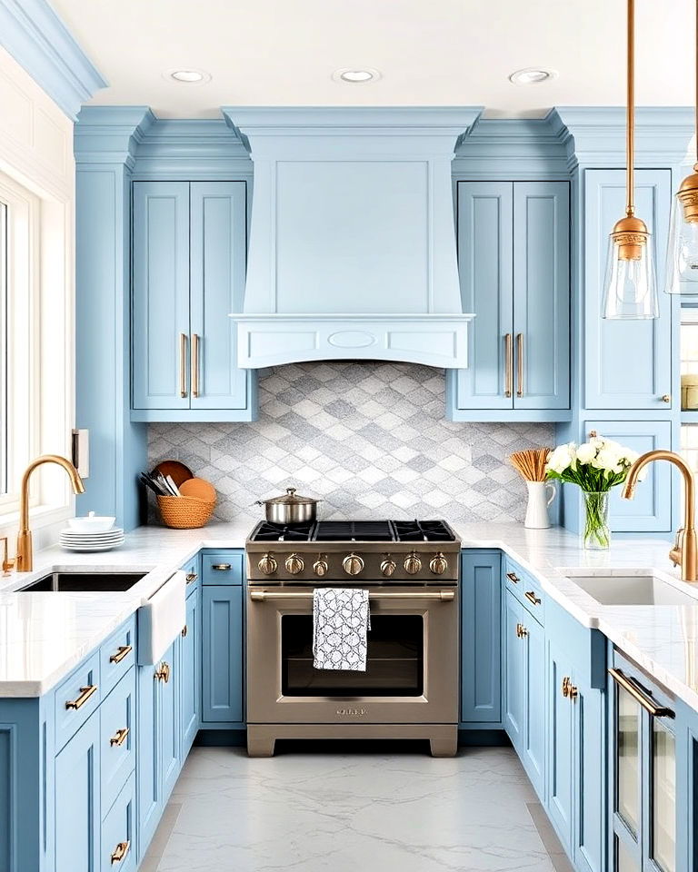 light blue kitchen cabinets with white marble counters