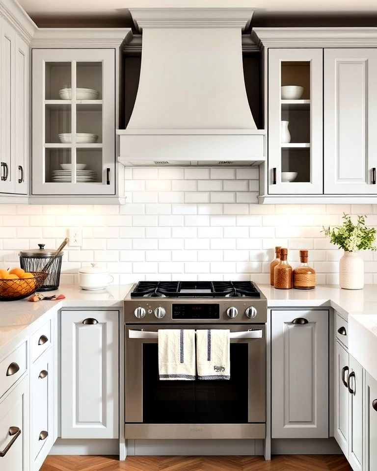 light grey kitchen cabinets with white tiled backsplash