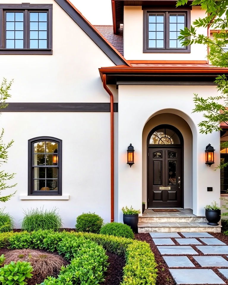 light stucco with copper accents for warmth
