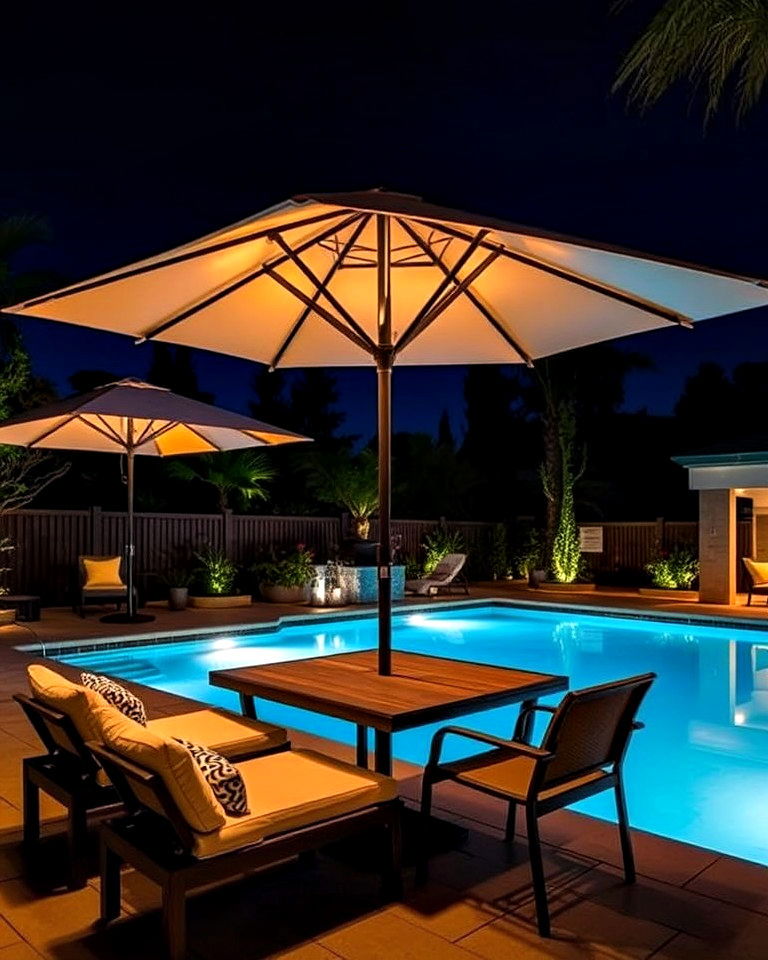 lighted umbrella for shaded poolside areas