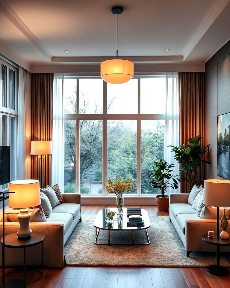 lighting with layered fixtures for a feng shui living room
