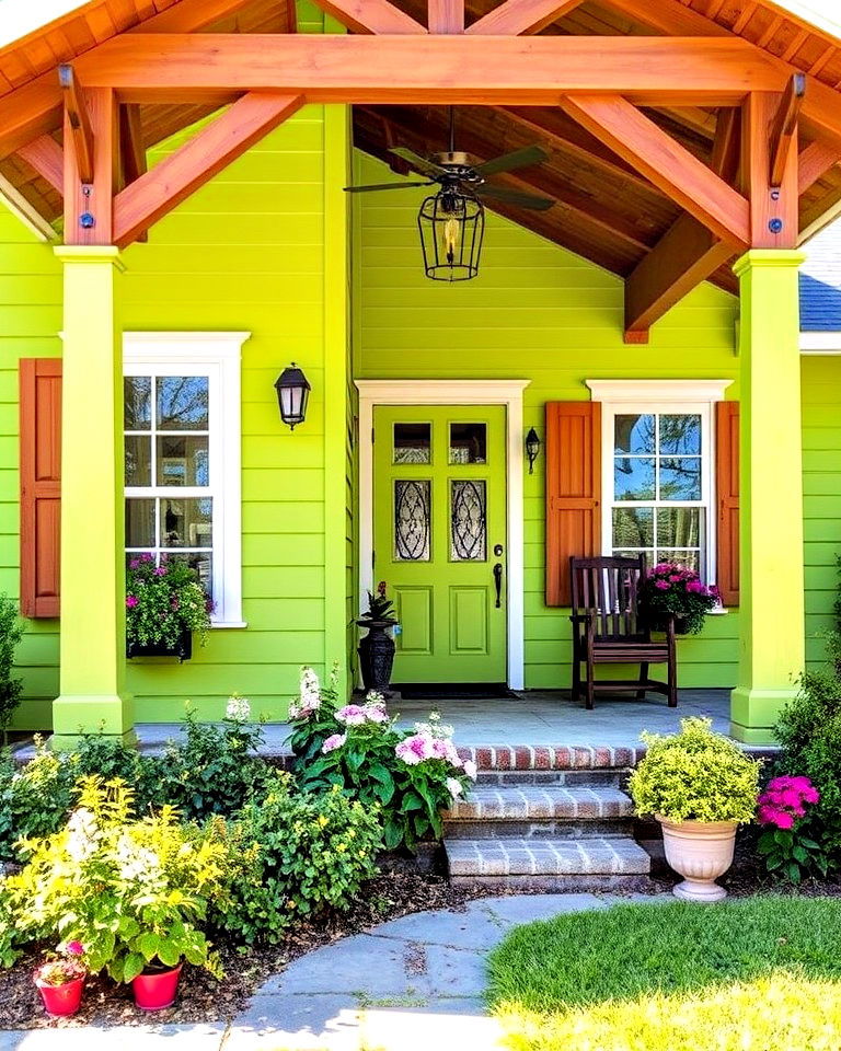 lime green farmhouse exterior with rustic wood tones
