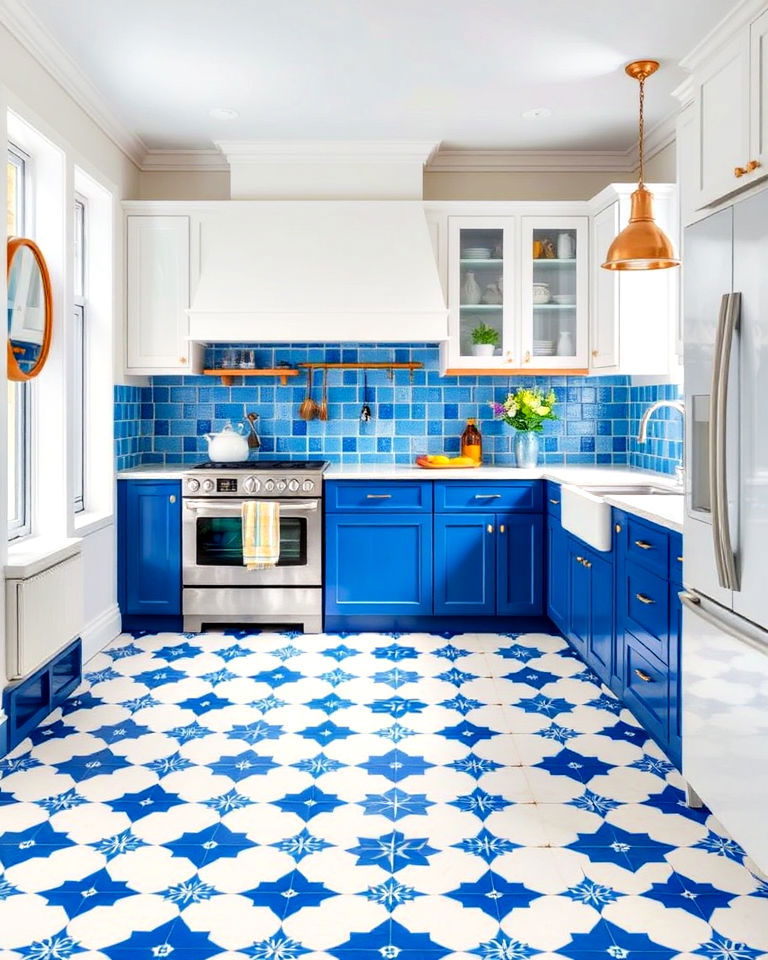 lively blue and white patterned tile kitchen floor