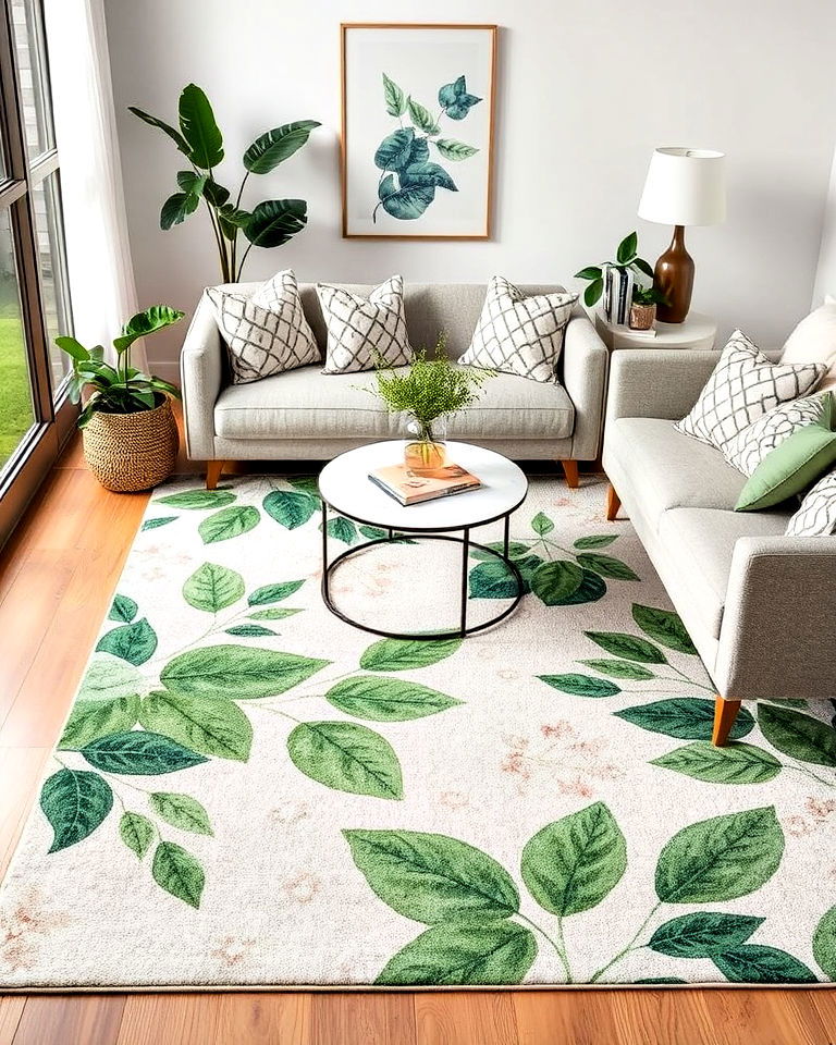 living room botanical print rugs for nature lovers