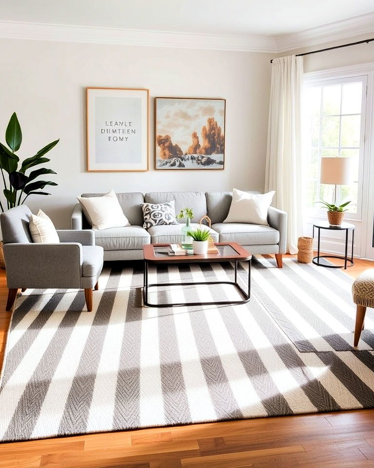living room striped rugs for visual interest
